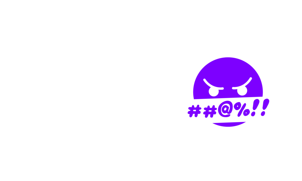 A purple angry face emoji with furrowed brows and a mouth replaced by symbols like #, @, %, and ! on a white background.