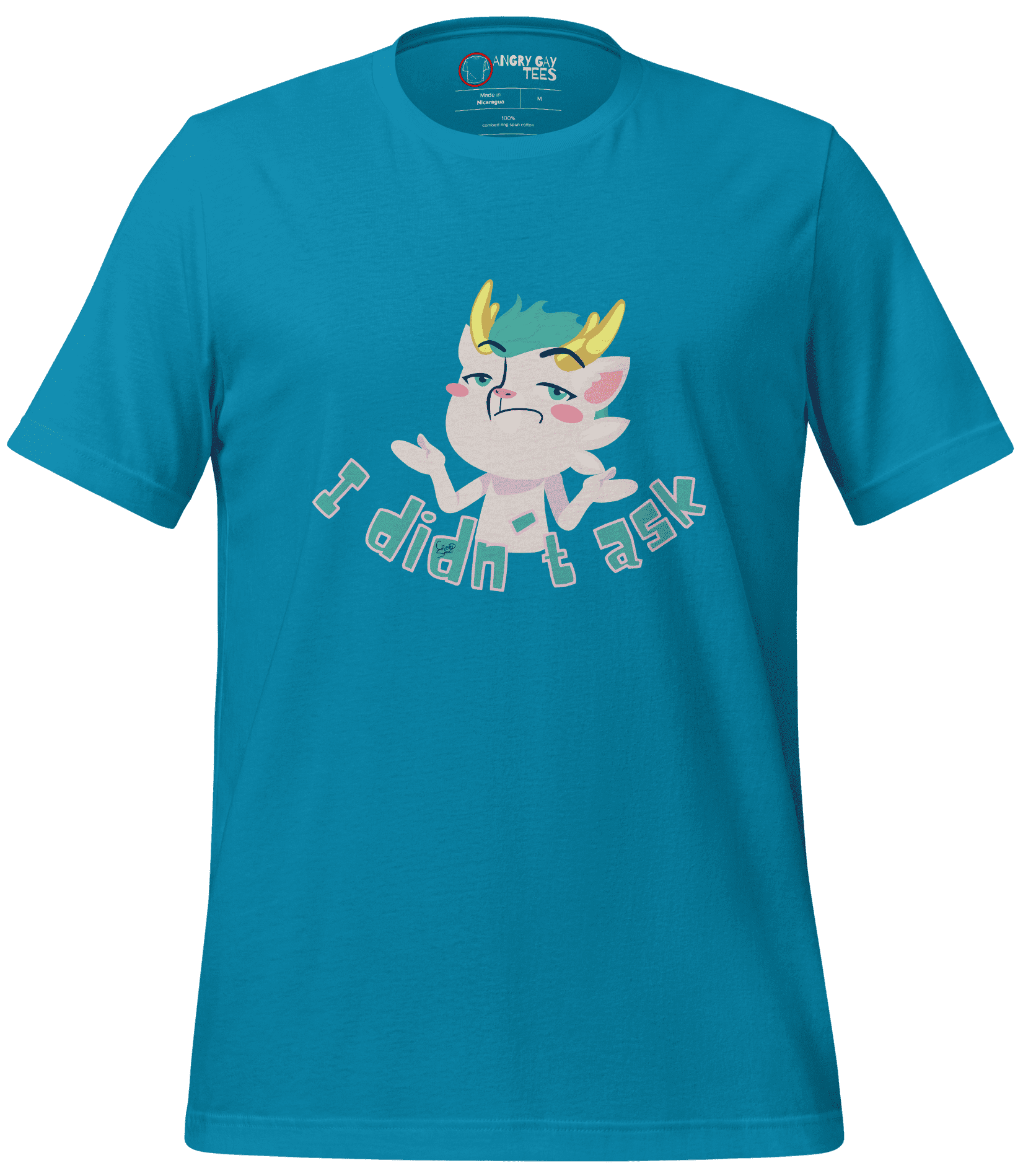 Blue t-shirt featuring a cartoon character with horns and ears, with the text "I didn't ask" beneath the design.