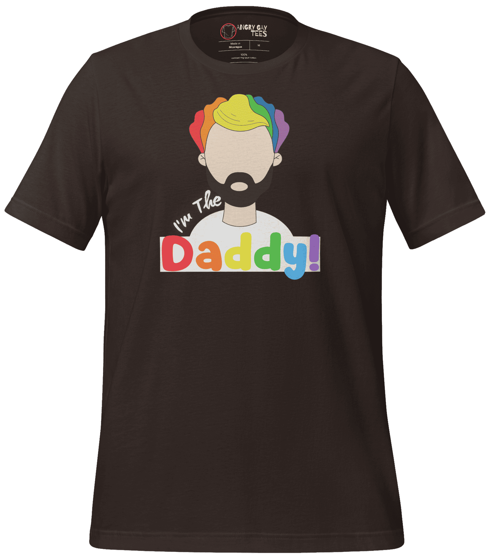 Black t-shirt featuring a drawing of a bearded person with rainbow-color hair and the text "I'm The Daddy!" in multicolored letters.