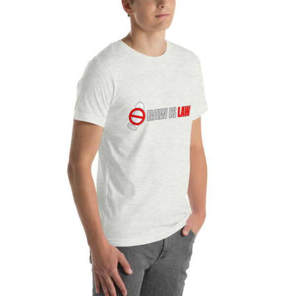 Individual dressed in an unisex T-shirt featuring a graphic of an infinity symbol along with the phrase "RAW IS LAW" in red and black.