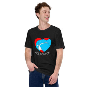 A person wearing the "His Bottom" black T-shirt, which features a heart graphic with a blue semi-circle and the text "HIS BOTTOM.