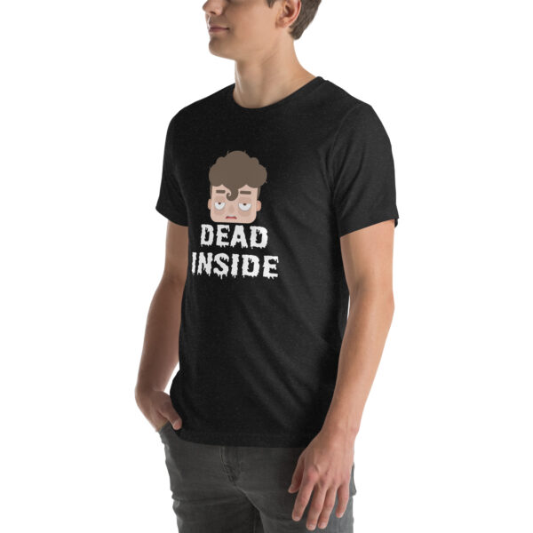 A person is wearing the "Dead Inside" black T-shirt featuring a cartoon face and the text "DEAD INSIDE.