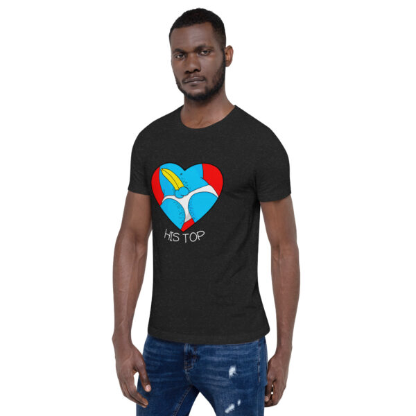 Man wearing "His Top," a black t-shirt featuring a blue cartoon character and heart design, standing against a plain background.