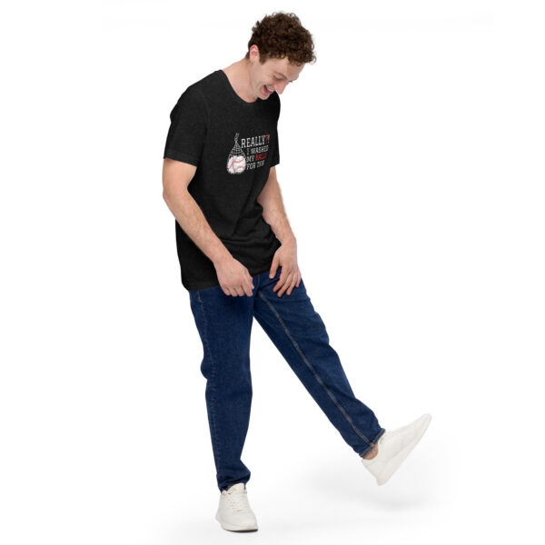 A person wearing the "Really?! I washed my balls for this!" graphic T-shirt, jeans, and white sneakers stands against a white background, looking down with one leg slightly bent.