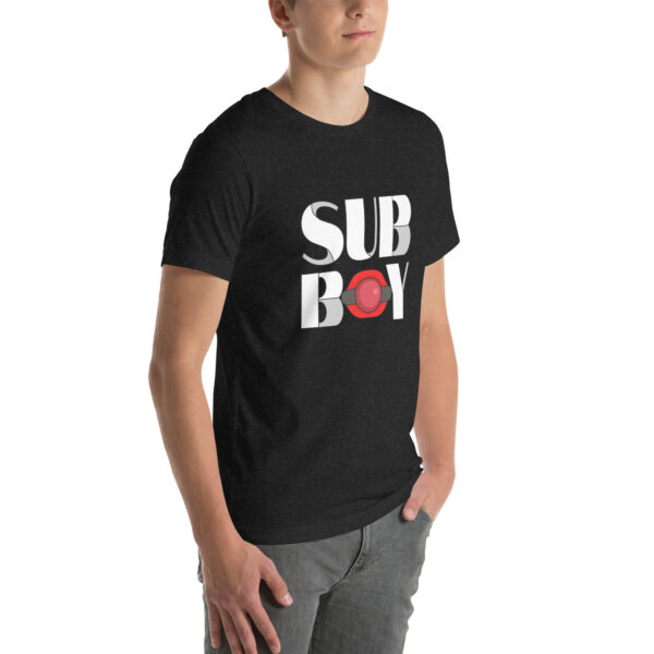 Person wearing a black T-shirt featuring the "Sub Boy" design in bold letters.