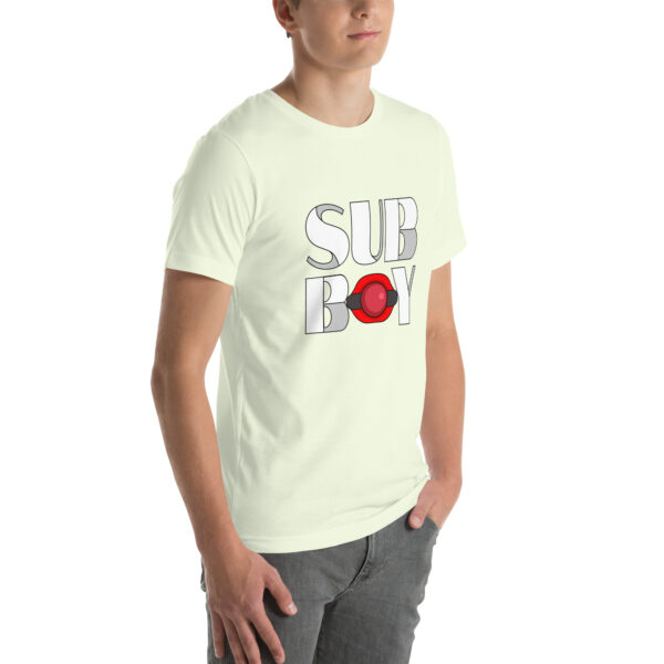 Person wearing a light-colored T-shirt featuring the "Sub Boy" name and graphic design.