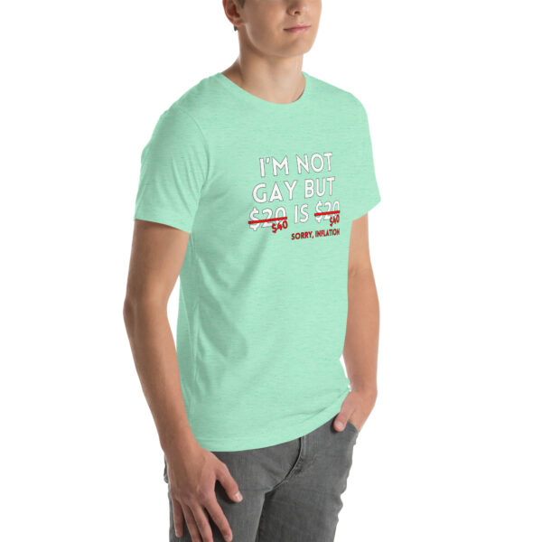 Person wearing a light green shirt featuring the "I'm Not Gay" design with text saying, "But $20 Is $20, Sorry, Inflation.