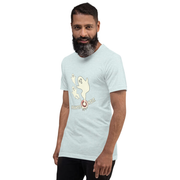 Bearded man wearing a Haunted Hole light blue t-shirt with a ghost graphic and text, standing against a plain white background.