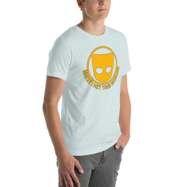 Person wearing a light gray t-shirt with a cartoon cheese design and the text "Where I met your husband".