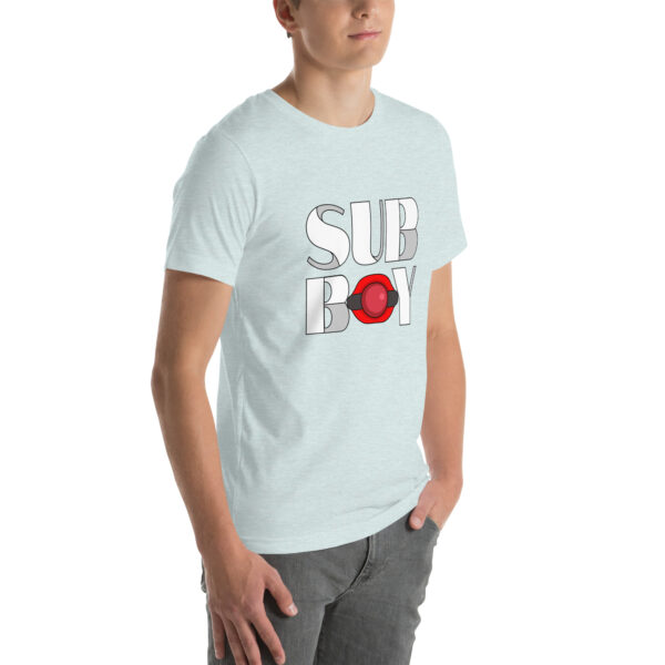 A person wearing the light gray "Sub Boy" t-shirt, adorned with a red and black circular design.