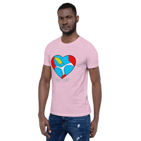 A man is wearing "His Top," which features a pink t-shirt with a blue cartoon dolphin inside a red heart design, standing against a white background.