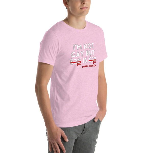 Person wearing a pink T-shirt featuring the humorous text "I'm Not Gay" that playfully addresses inflation and changing prices.