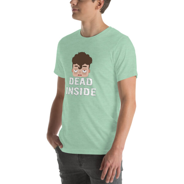 Person wearing a light green "Dead Inside" T-shirt featuring a cartoon face.