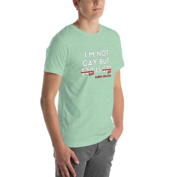 Person wearing a light green T-shirt featuring the humorous text "I'm Not Gay" discussing inflation and pricing related to being gay.