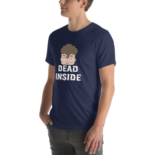 Person wearing a "Dead Inside" navy blue t-shirt featuring a cartoon face.