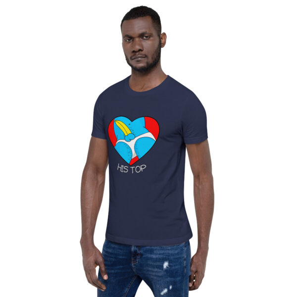 Person wearing the "His Top" navy blue t-shirt featuring a vibrant bird graphic and the words "His Top" inside a red heart.