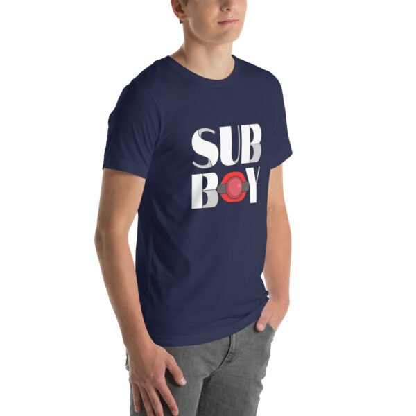 Person wearing the "Sub Boy" navy T-shirt, featuring a vinyl record design incorporated into the text.