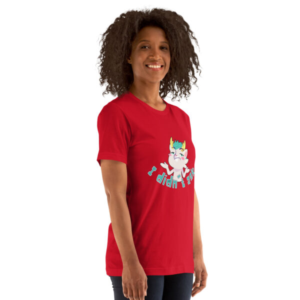 Person wearing a red T-shirt featuring a cartoon and the text "I Didn't Ask.