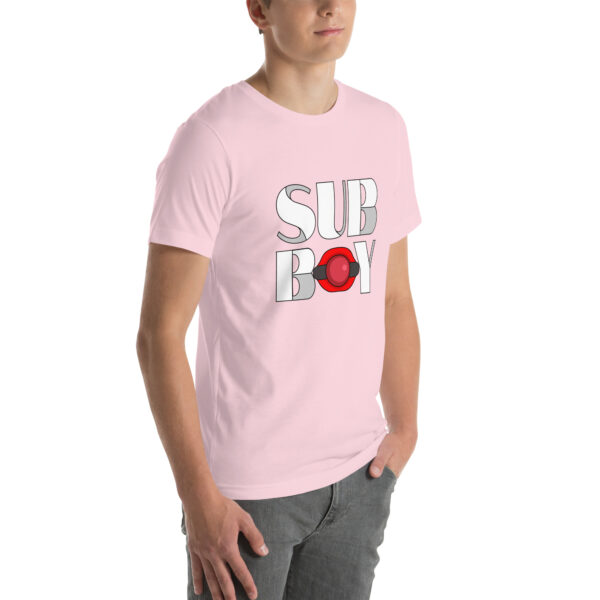 Person wearing a pink t-shirt featuring the "Sub Boy" design, with bold letters and a red circle.