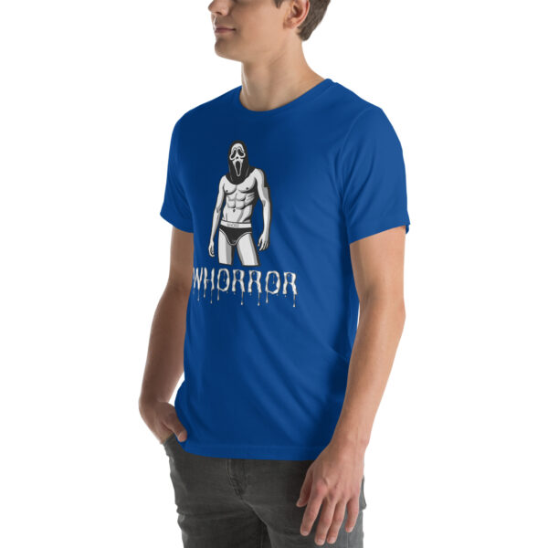 A person wearing a blue t-shirt featuring the graphic of a muscular figure in a mask and the text "Whorror.