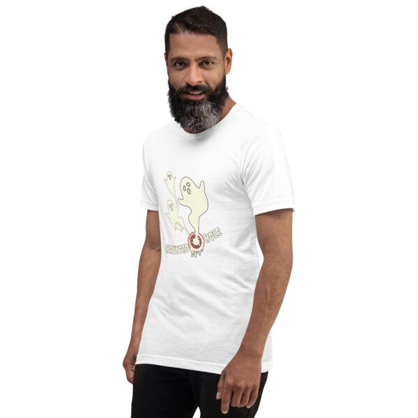 Man wearing a white t-shirt featuring a cartoon ghost design with the text "Haunted Hole" printed on it.