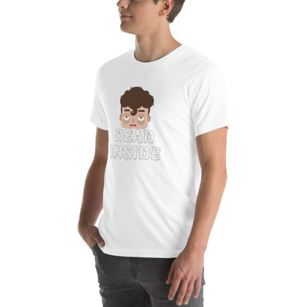 A man wearing a white T-shirt featuring a cartoon face alongside the "Dead Inside" design.