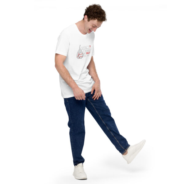 Wearing the 'Really?! I washed my balls for this!' t-shirt, a person in jeans playfully extends a leg forward and smiles against a plain white background.