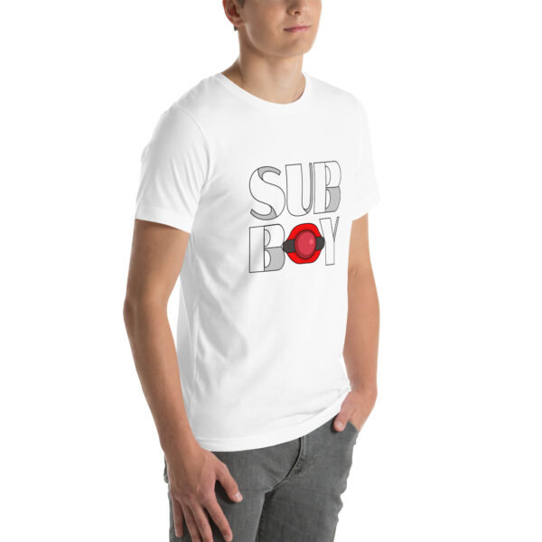 A person wearing the "Sub Boy" white t-shirt, featuring black lettering and a red circle design, is standing against a plain background.