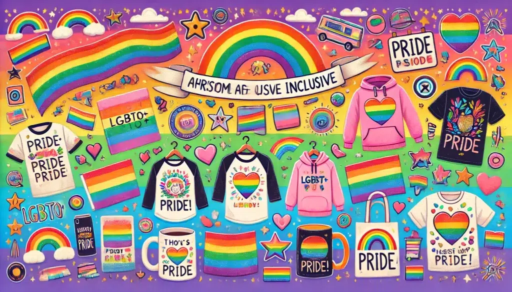 A colorful display of unique LGBTQ+ themed merchandise, including custom-designed flags, shirts, mugs, and badges with rainbow patterns and pride slogans, set against a vibrant rainbow background.