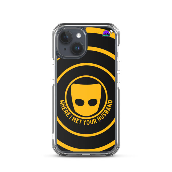 Case for iPhone® featuring yellow and black concentric circles with a central mask design and the text "WHERE I MET YOUR HUSBAND.