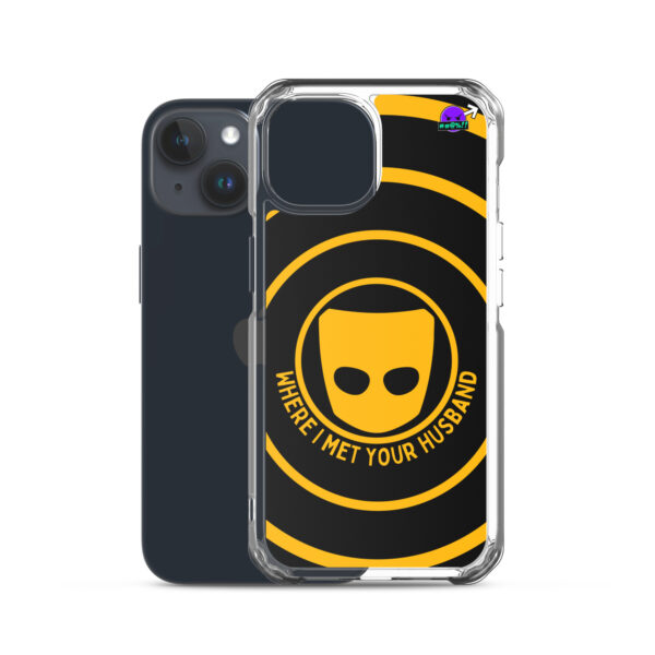 A Where I Met Your Husband Case for iPhone® showcasing a yellow design with the text "Where I Met Your Husband" is set against a plain black background.