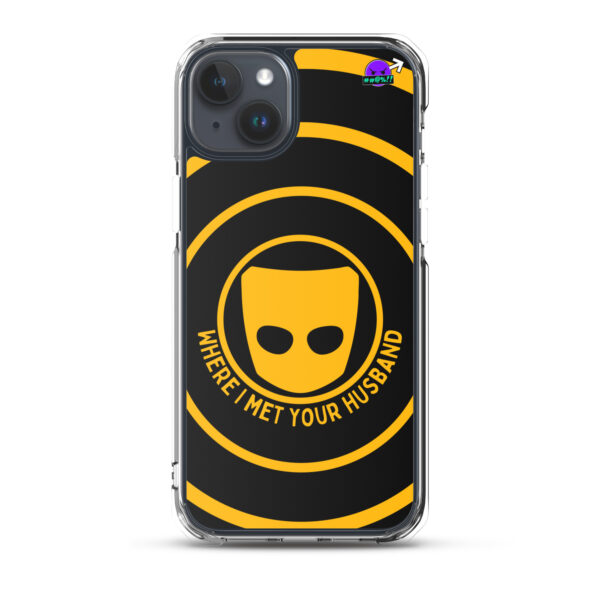 iPhone® case with a clear design showcasing black and yellow concentric circles and a stylized mask, featuring the text "Where I Met Your Husband.