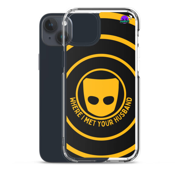 Clear iPhone® case with a black and yellow design featuring a mask logo and the text "Where I Met Your Husband.