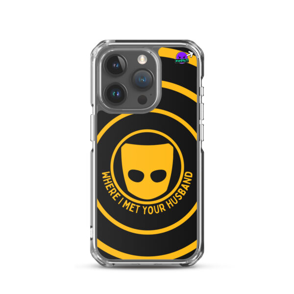 A phone case featuring a yellow mask design on a black background, encircled by yellow concentric rings and displaying the text "Where I Met Your Husband.