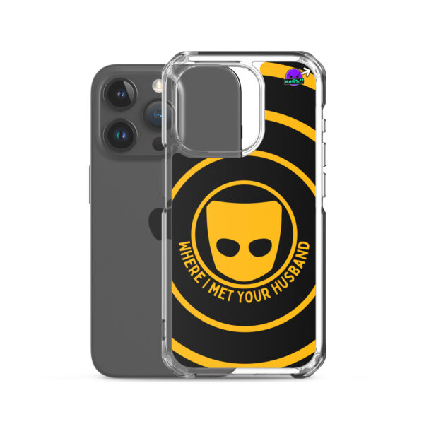 iPhone® case featuring a stylized mask logo and the bold text "WHERE I MET YOUR HUSBAND.