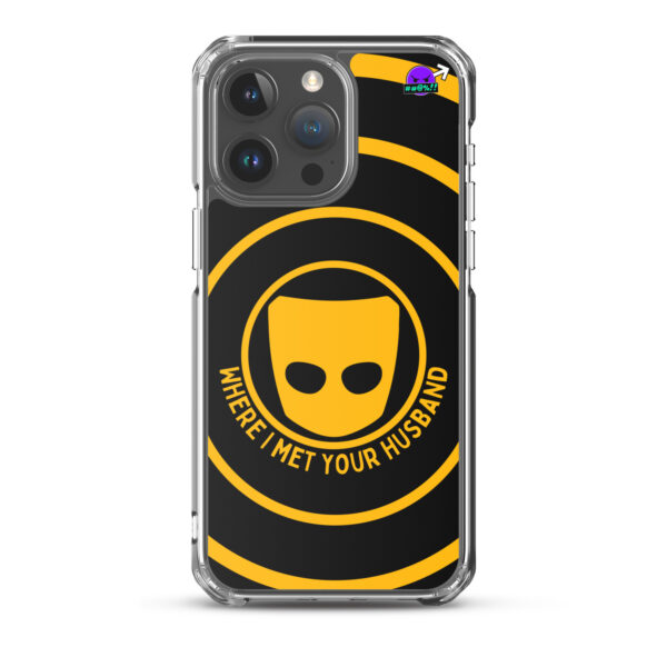 Where I Met Your Husband Case for iPhone® featuring a yellow mask icon design and the text "Where I met your husband" on a black background with yellow concentric circles.