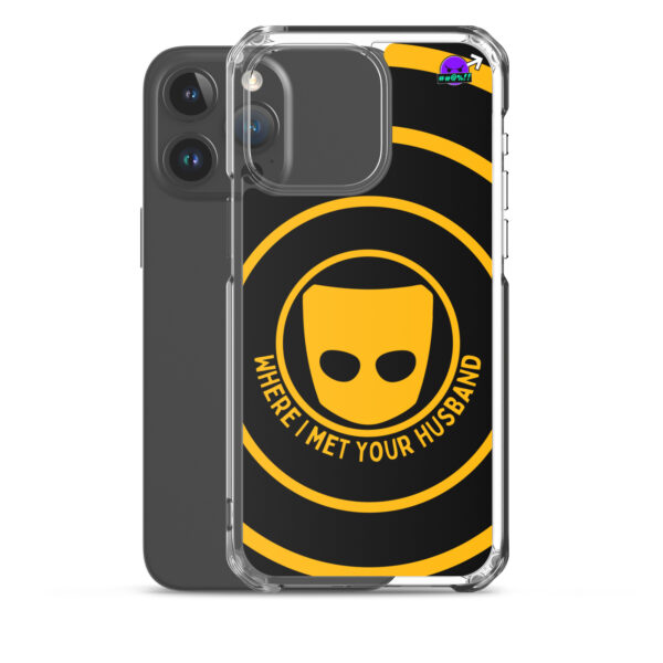 A striking phone case showcasing a yellow mask icon and the phrase "Where I met your husband" set against a black and yellow circular pattern, titled: Where I Met Your Husband Case for iPhone®.