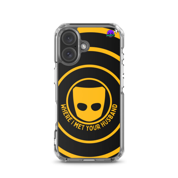 Clear Where I Met Your Husband Case for iPhone® featuring a yellow and black design with a masked face logo and the text.