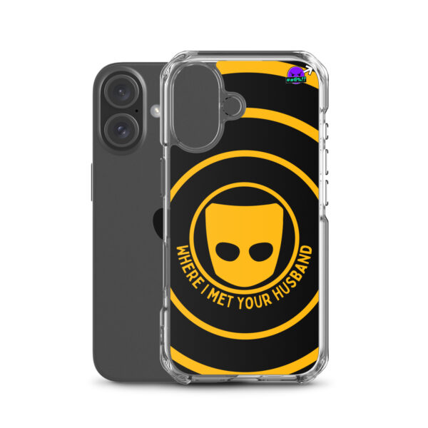 Two smartphones, each featuring the "Where I Met Your Husband" iPhone® case, showcasing a black and yellow design with a mask icon and the text "WHERE I MET YOUR HUSBAND".