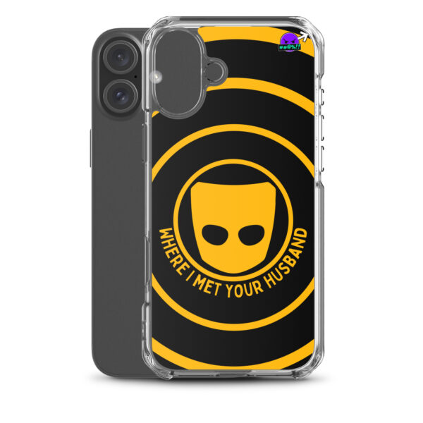 Black and yellow Where I Met Your Husband Case for iPhone® featuring a bold spiral design, with an app icon in the corner.