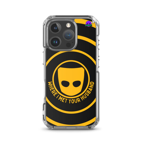 Clear phone case with a black circular background showcasing a yellow mask design and the phrase "Where I Met Your Husband," called the Where I Met Your Husband Case for iPhone®.