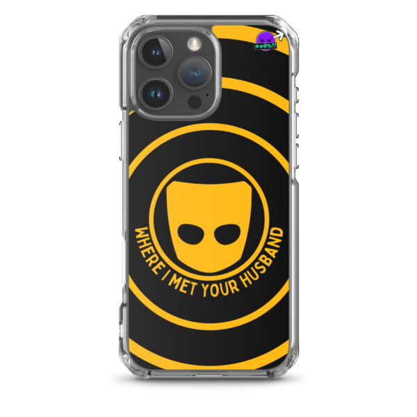 iPhone® case decorated with yellow concentric circles and a stylized face, featuring the text "WHERE I MET YOUR HUSBAND.