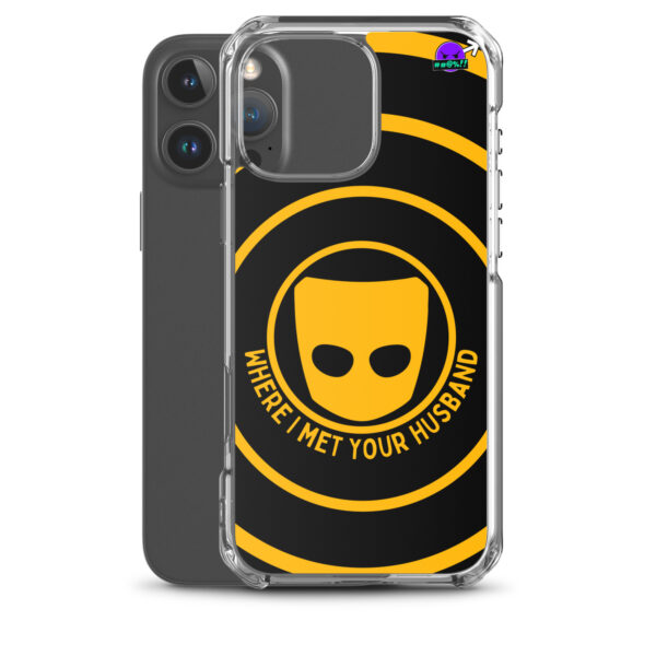 An iPhone® with the "Where I Met Your Husband" transparent case, which features a stylized mask design and bold lettering.