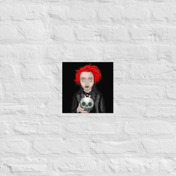 Displayed on a white brick wall, "Eros The Dead" features the portrait of a person with red hair holding a skull against a black background.