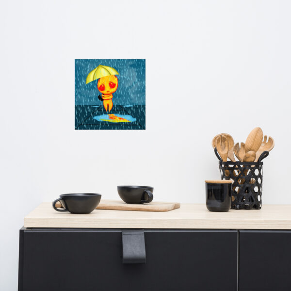 Image of a kitchen counter with black cups, a utensil holder, and a small artwork on the wall featuring 'Flick,' a cartoon character holding an umbrella while standing in the rain.