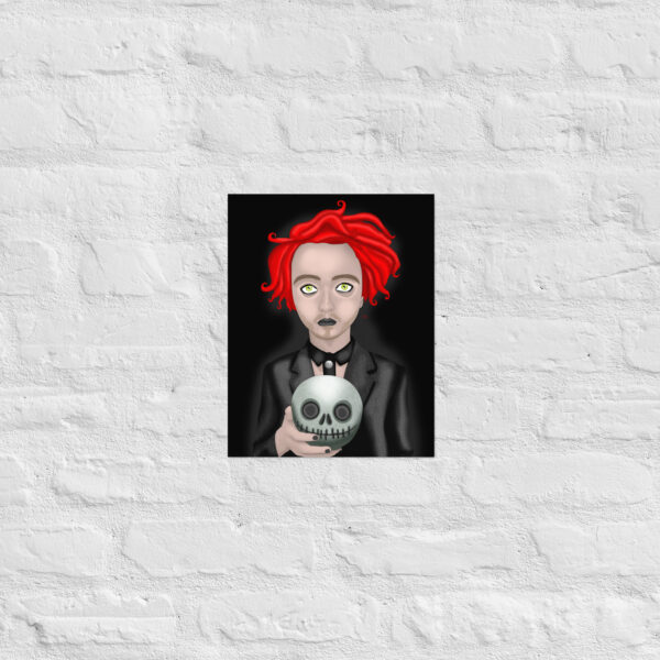 Digital artwork titled "Eros The Dead" featuring a red-haired individual holding a skull-like object in front of a white brick wall.