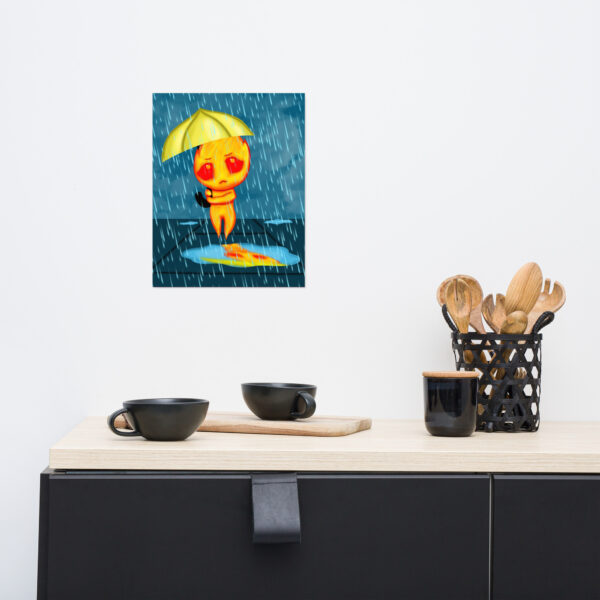 A vibrant "Flick" artwork featuring a figure with an umbrella in the rain is showcased above a modern kitchen counter, complemented by black cups and wooden utensils.