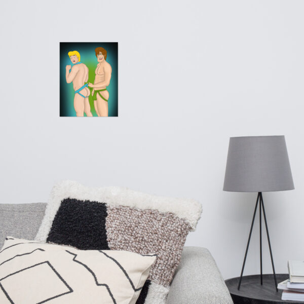 A living room wall features "Shaggy and Fred," a small framed illustration of two people in swimwear. In the foreground, there's a grey floor lamp and a sofa adorned with patterned cushions.