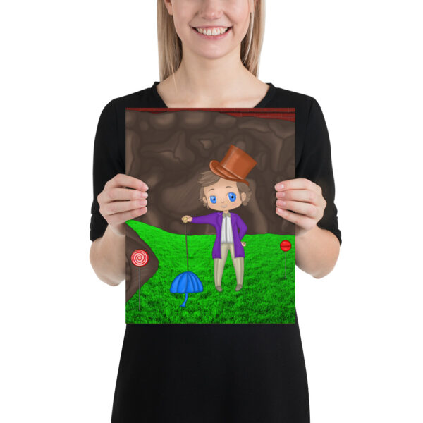 Person holding a poster featuring an illustration of a character named Wanka in a top hat and coat, standing on grass with candy elements surrounding.