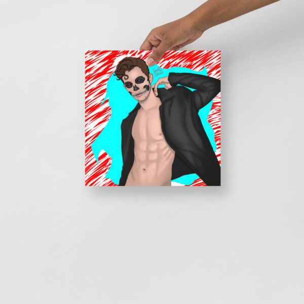 A hand holds a square art print titled "SkullFace," featuring a shirtless animated man with a skeleton face, clad in an unbuttoned black jacket, set against a red and blue background.